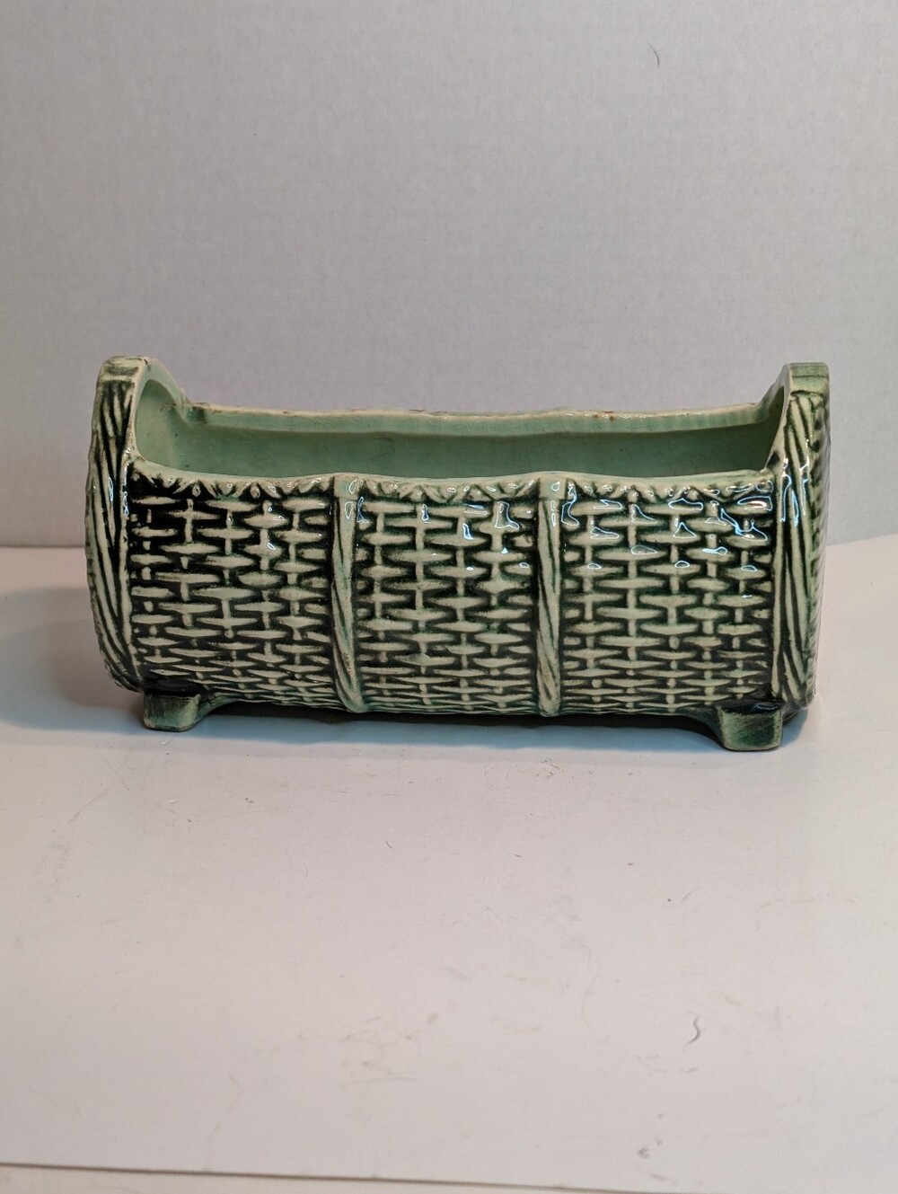 Vintage McCoy Pottery Planter Yellow Brown Footed Basket Weave Design.